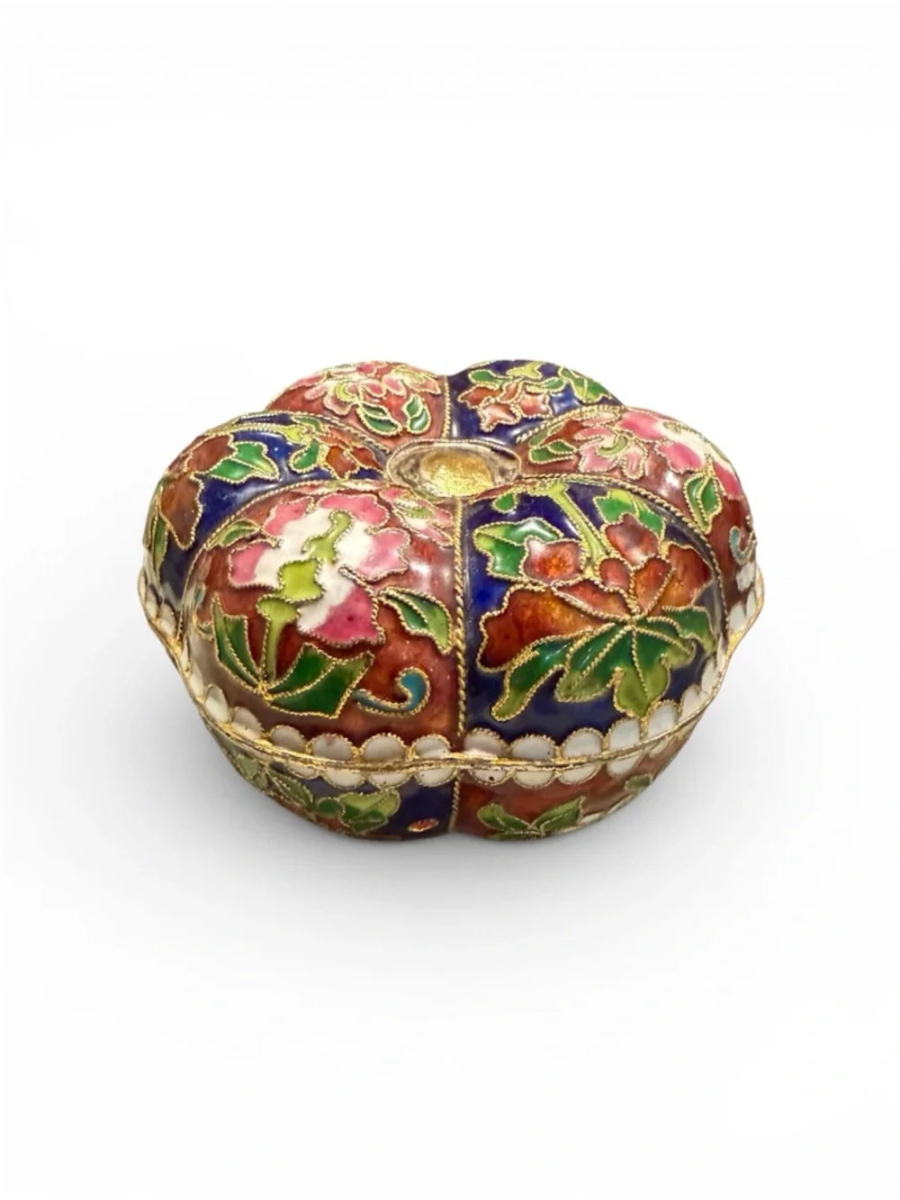 Vintage Cloisonné Enamel Trinket Box Floral Blue Jewelry Box Asian Decor